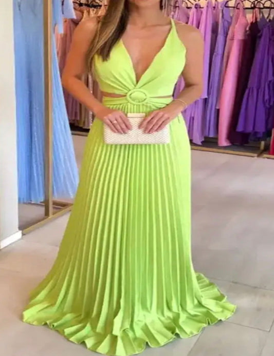 Satin Pleated Lime Green Cut Out Maxi Dress
