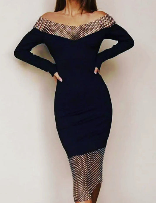 Black Off Shoulder Dress With Crystal Detailing black