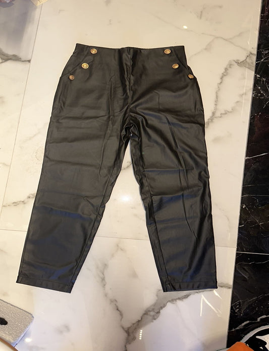 Black Gold Button Detailing Faux Leather Pant