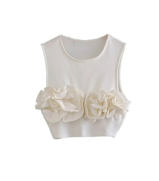 Off white flower appliqué ribbed tank