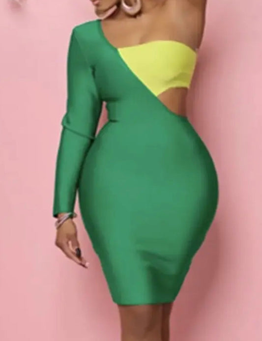 Cut Out One Sleeve Bodycon Dress green\yellow
