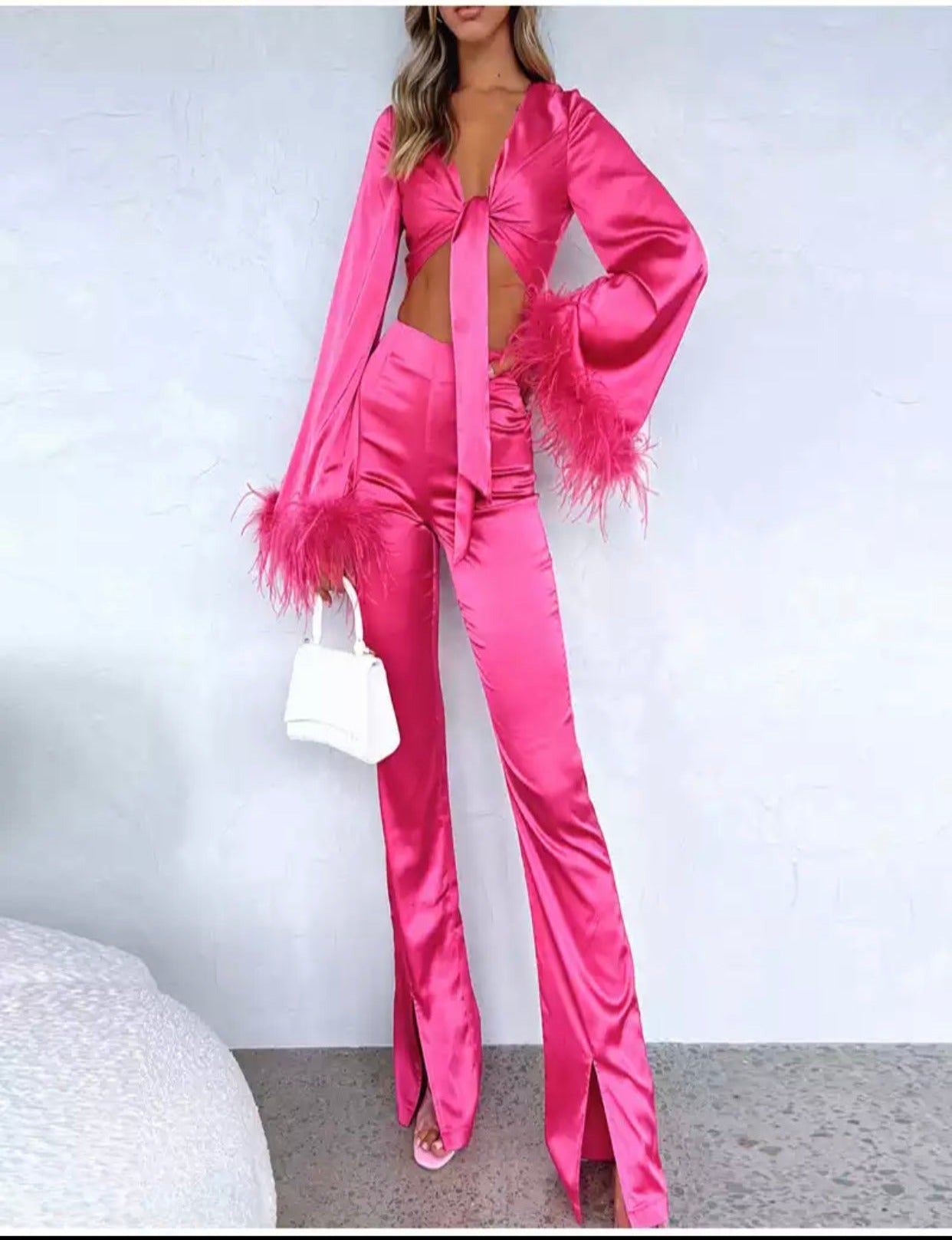 Aliya Silk Set with Feathers Pink