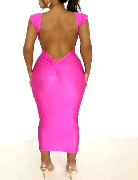Shiny Spandex Backless Midi Dress pink