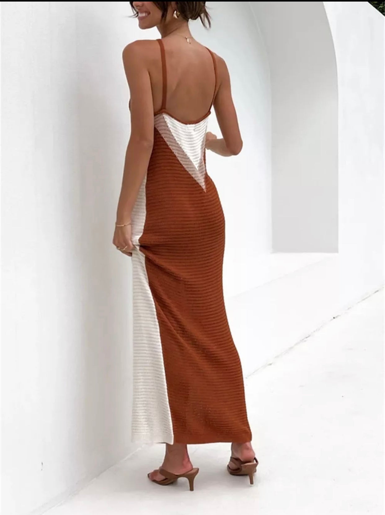 Nude And Brown Halter Neck Crochet Maxi Dress