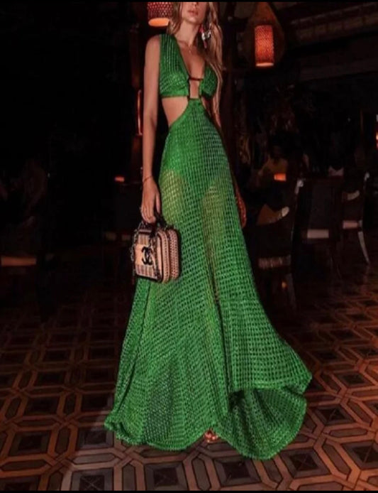 Green Lace Cut Out Buckle Halter Maxi Dress