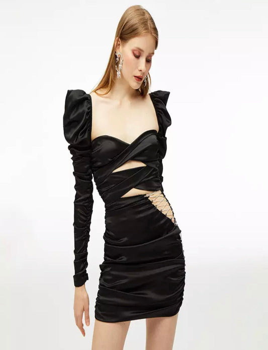 Black Cinched Long Sleeve Cut Out Mini Dress