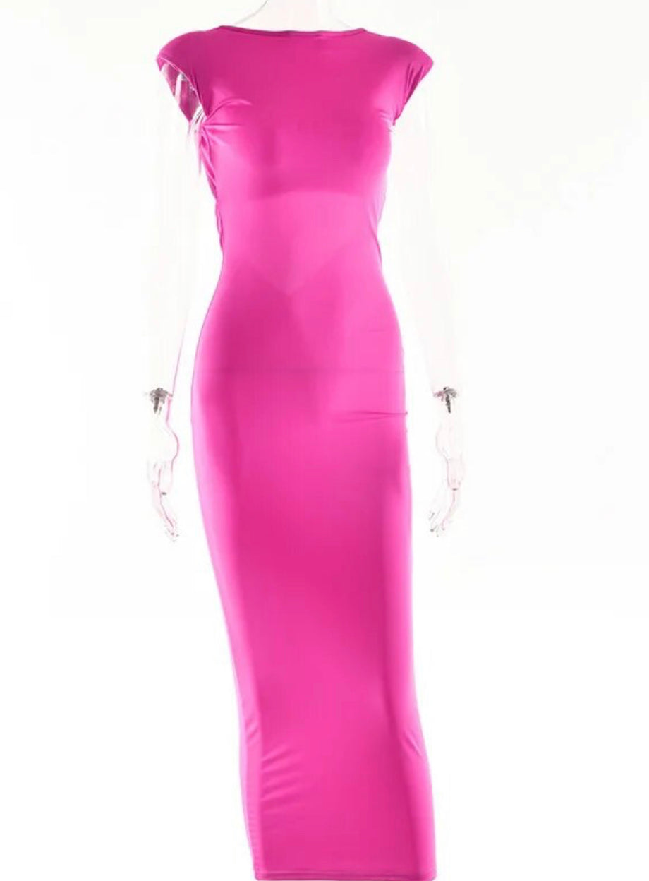 Shiny Spandex Backless Midi Dress pink