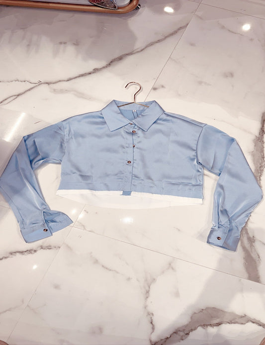 Baby Blue Satin Cropped Button Up Mixed Fabric Trim