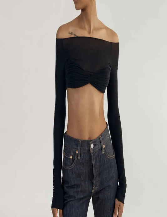 Cropped Long Sleeve Mesh Ruched Top black