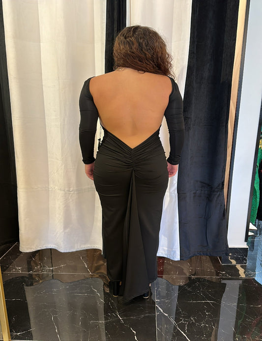 Black Long Sleeve Open Low Back Cinched Maxi Dress
