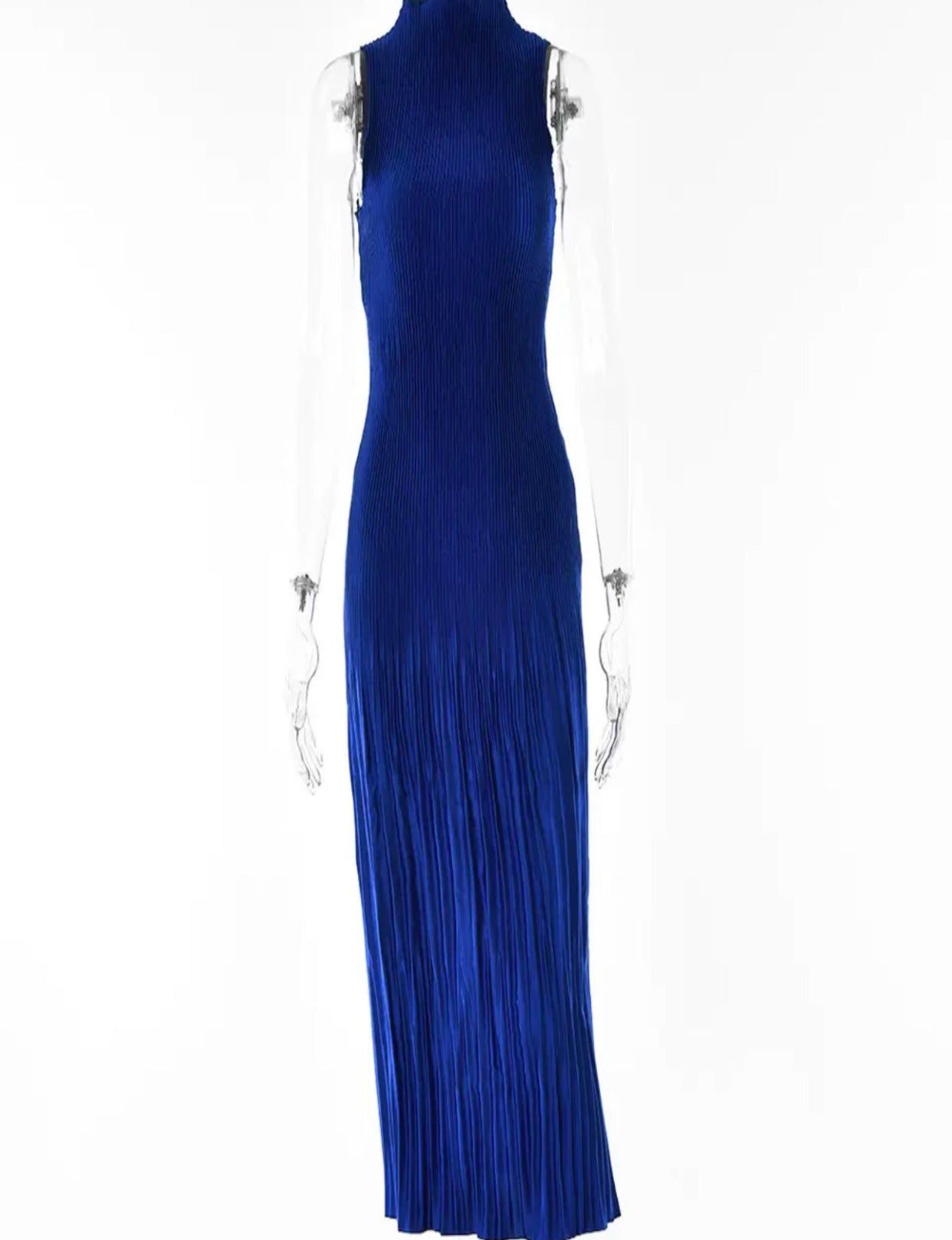 Liza Pleats Sleeveless High neck Satin Midi Dress Royal Blue