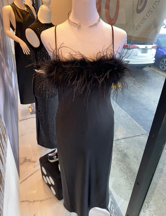 Black Satin Feathered Neckline Maxi Dress
