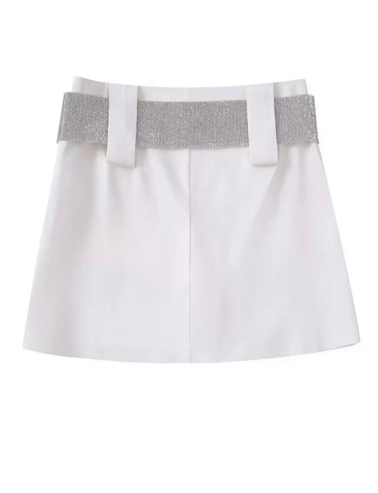 White Satin Stone Belt Skirt