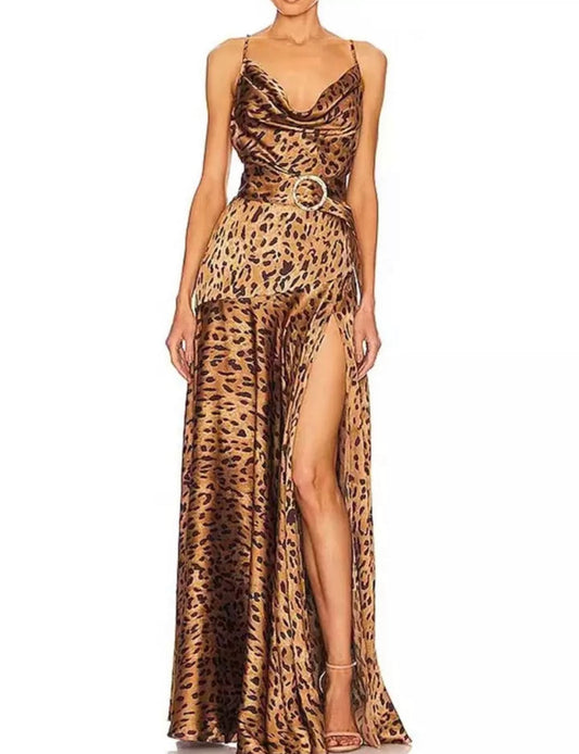 Cheetah Print Maxi Dress With Belt