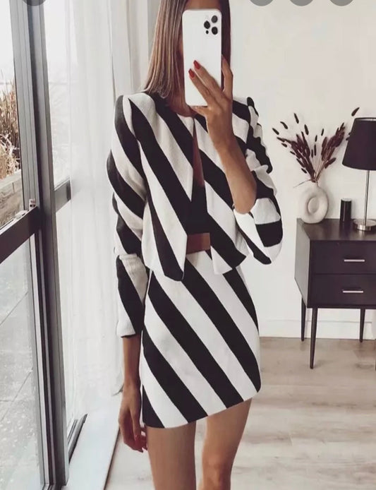 Black And off white Cropped Blazer And Mini Skirt Set