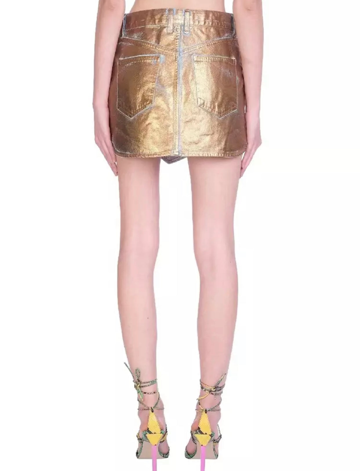 Gold Shimmer Coated Denim Skirt