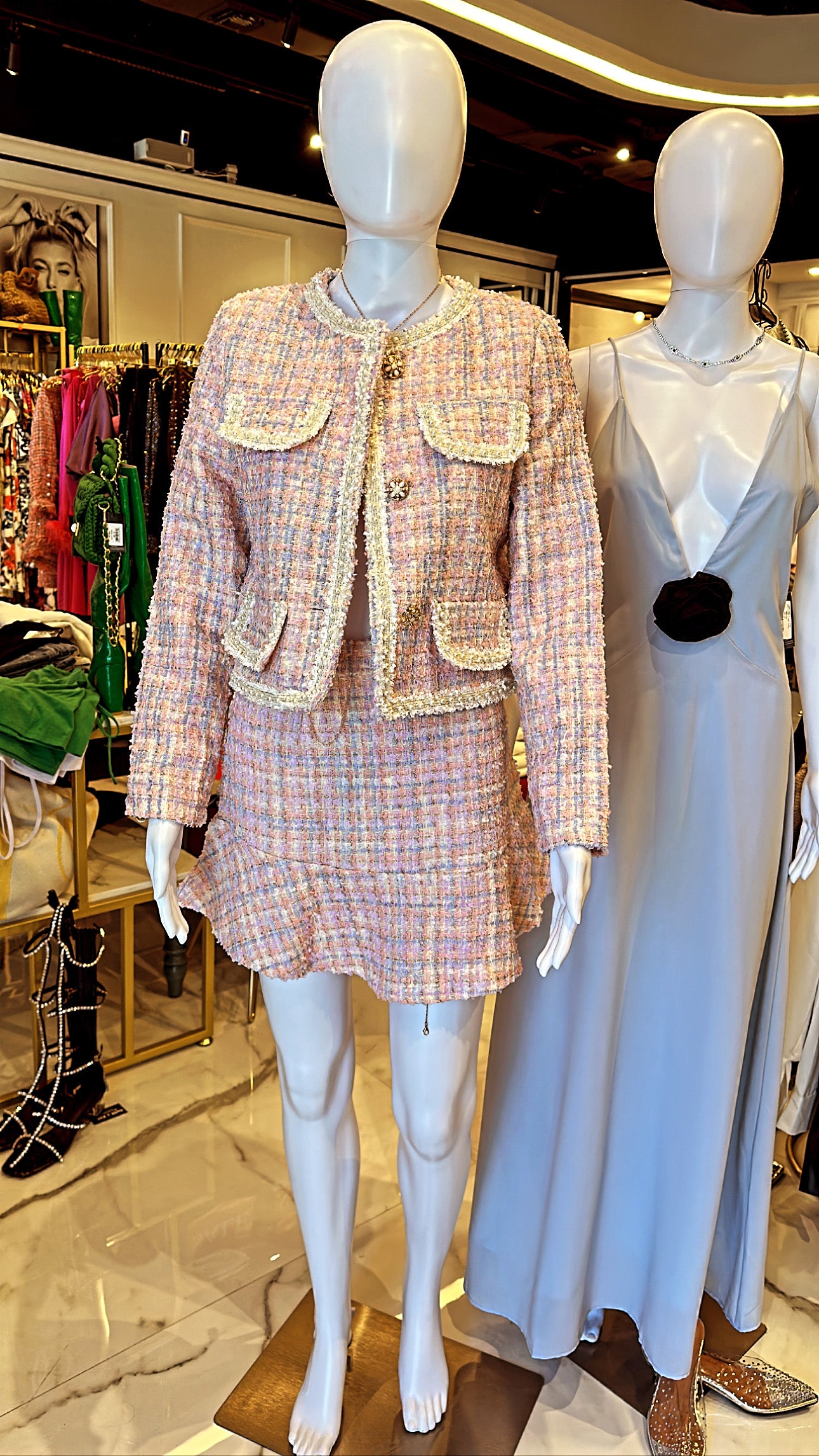 Pastel tweed classy frill skirt blazer set