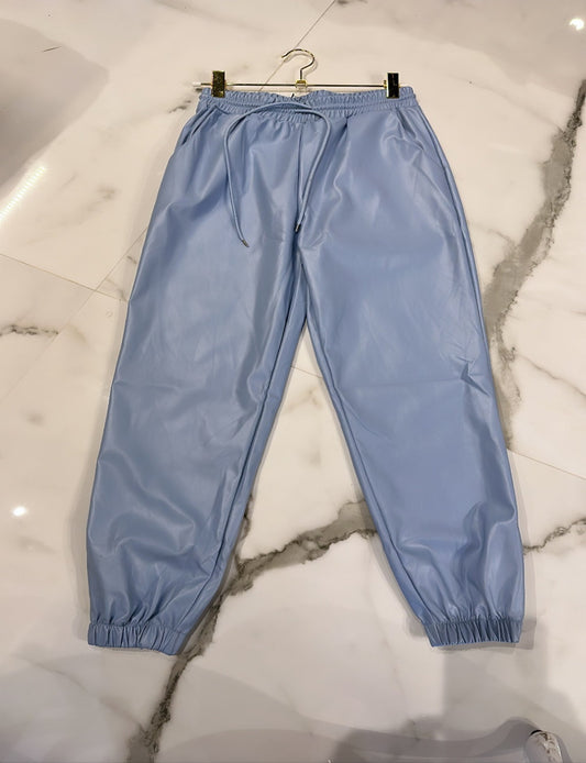 Baby Blue Faux Leather Cuffed Joggers large