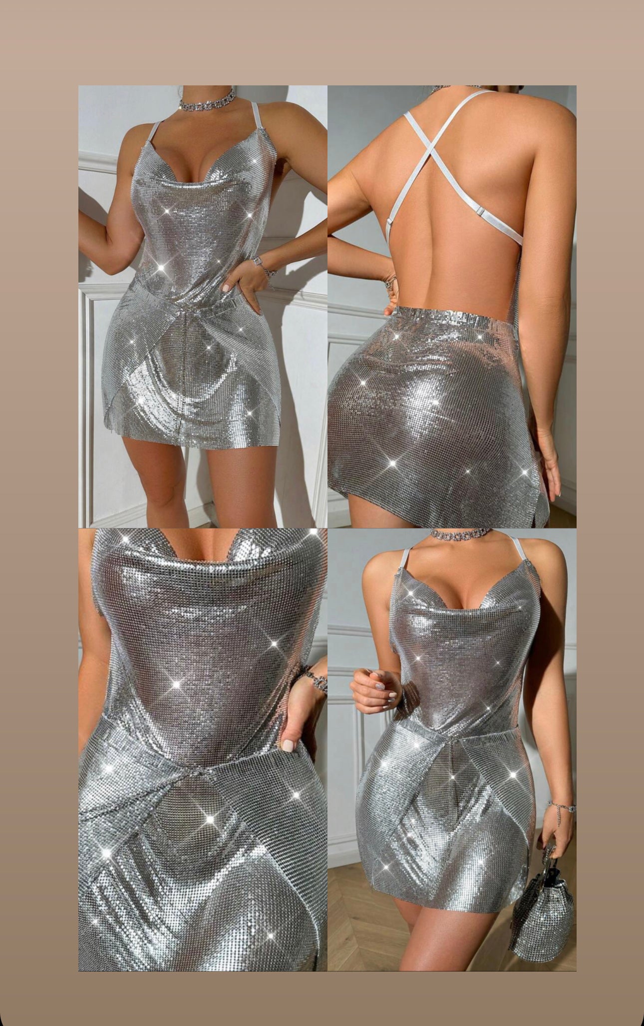 Metal mesh silver wrap backless mini 2 pc skirt dress