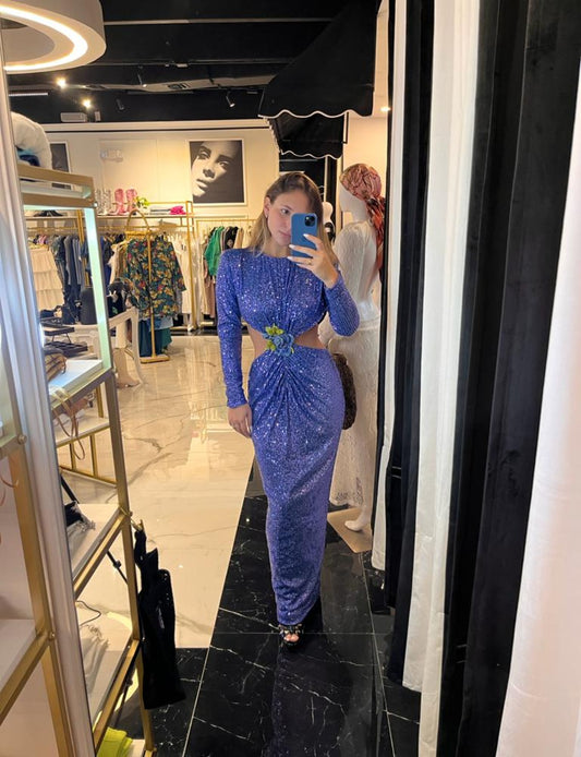 Amelia blue Sequins brooch Backless Formal Dress