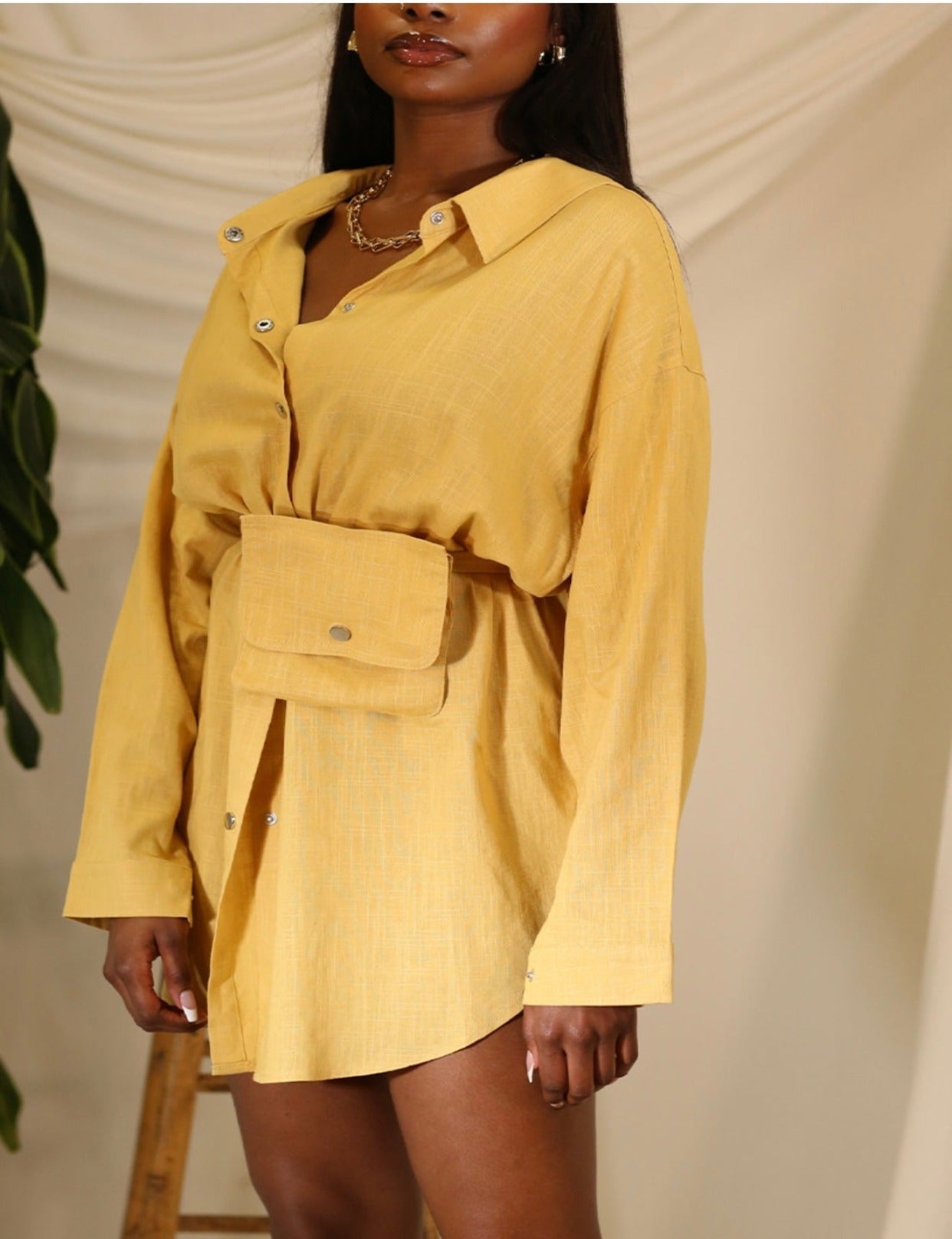 Yellow Half Button Up With Belted  Pouch