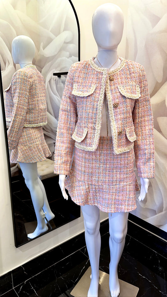 Pastel tweed classy frill skirt blazer set
