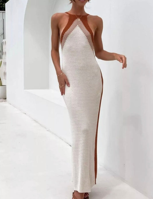 Nude And Brown Halter Neck Crochet Maxi Dress