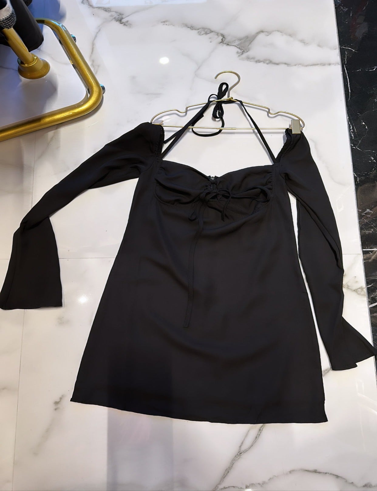 Black Mini Dress Over The Shoulder