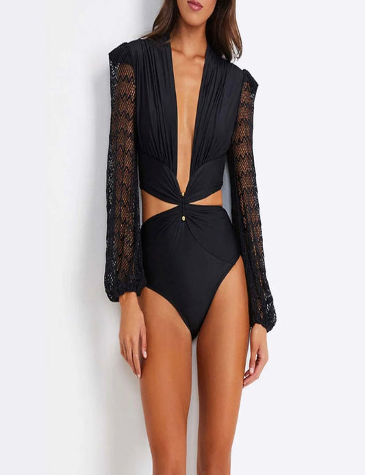 Black Crochet Sleeved Cutout One piece swimsuit/ Bodysuit