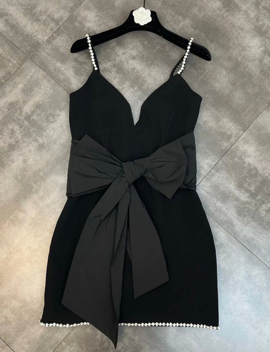 Black Mini Dress With Diamond Trim And Bow Belt