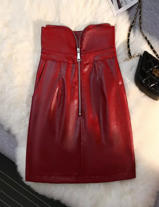 Burgundy Faux Leather High Wasted Zip Mini Skirt