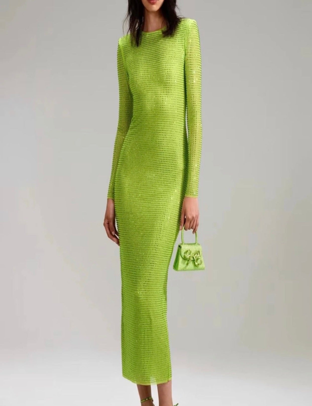 Bridgette Lime Green Crystal Long  Dress