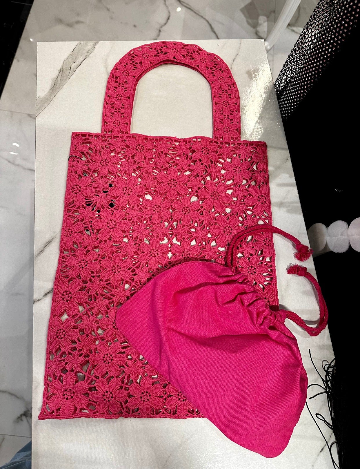 Anna Floral Crochet  bag hot pink with pouch