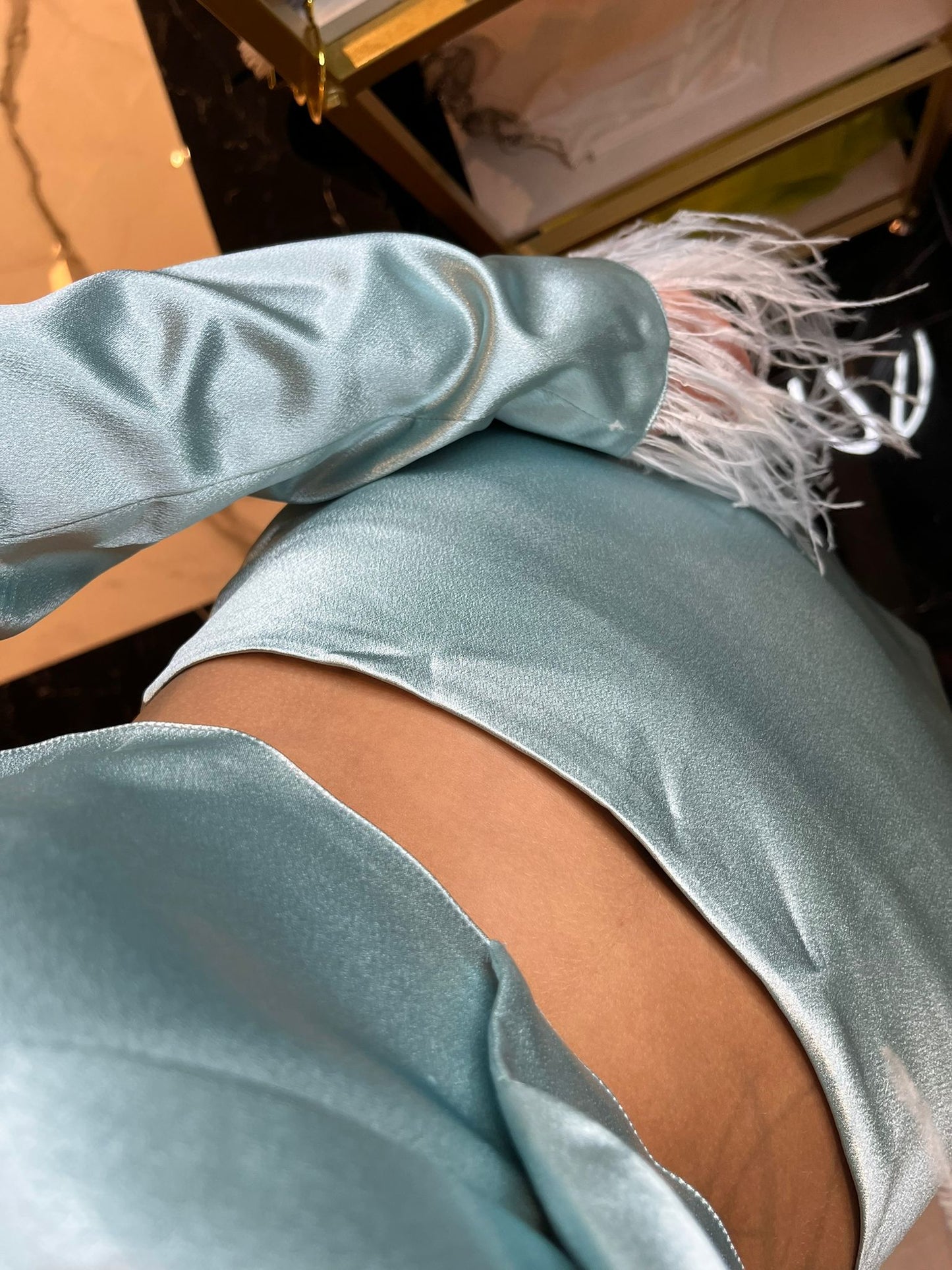 Light Blue Satin Feather Detailed Crop Blazer And Skirt Set