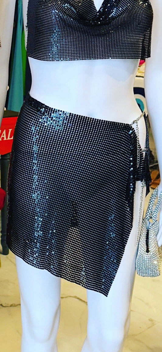 Aluminum black mesh mini skirt