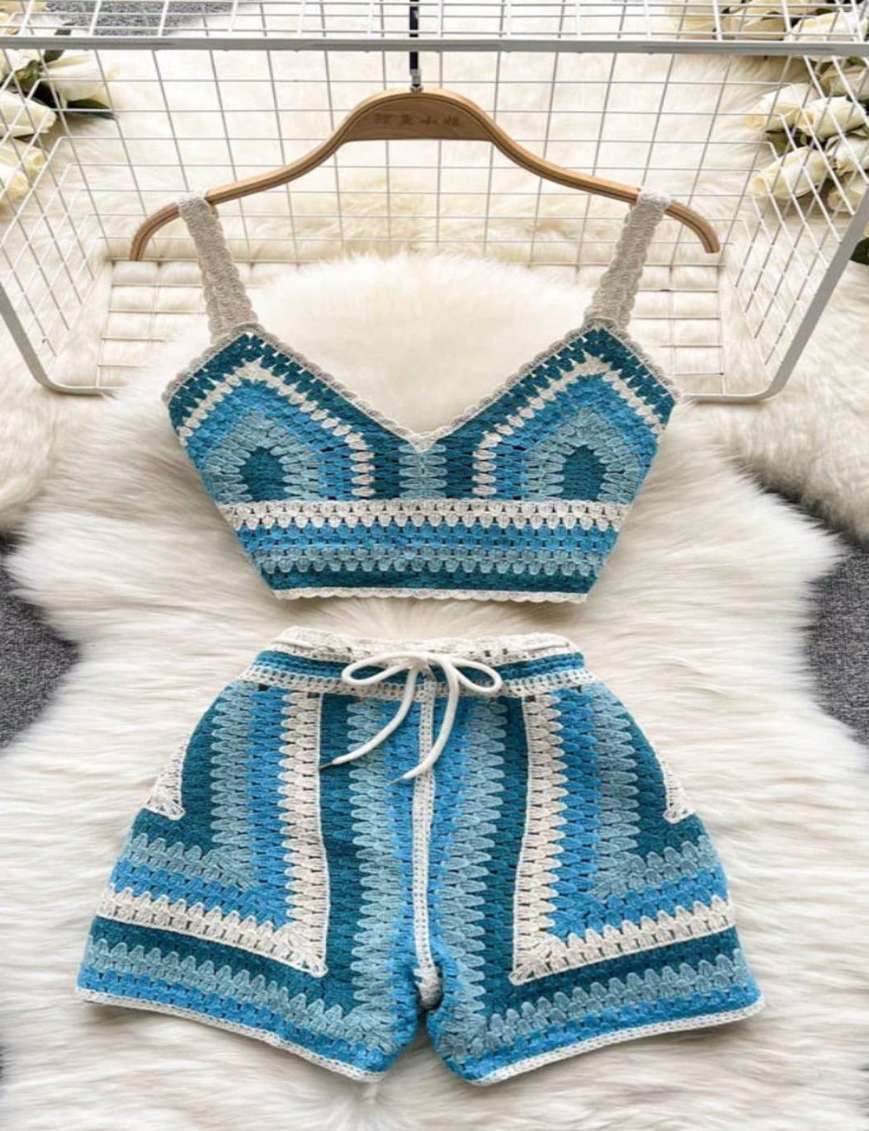 Danielle Print Blue Pastel Crochet Short Set