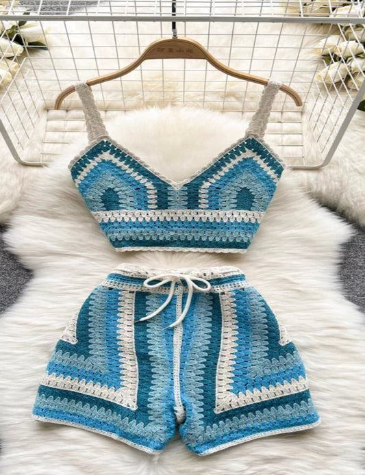 Danielle Print Blue Pastel Crochet Short Set