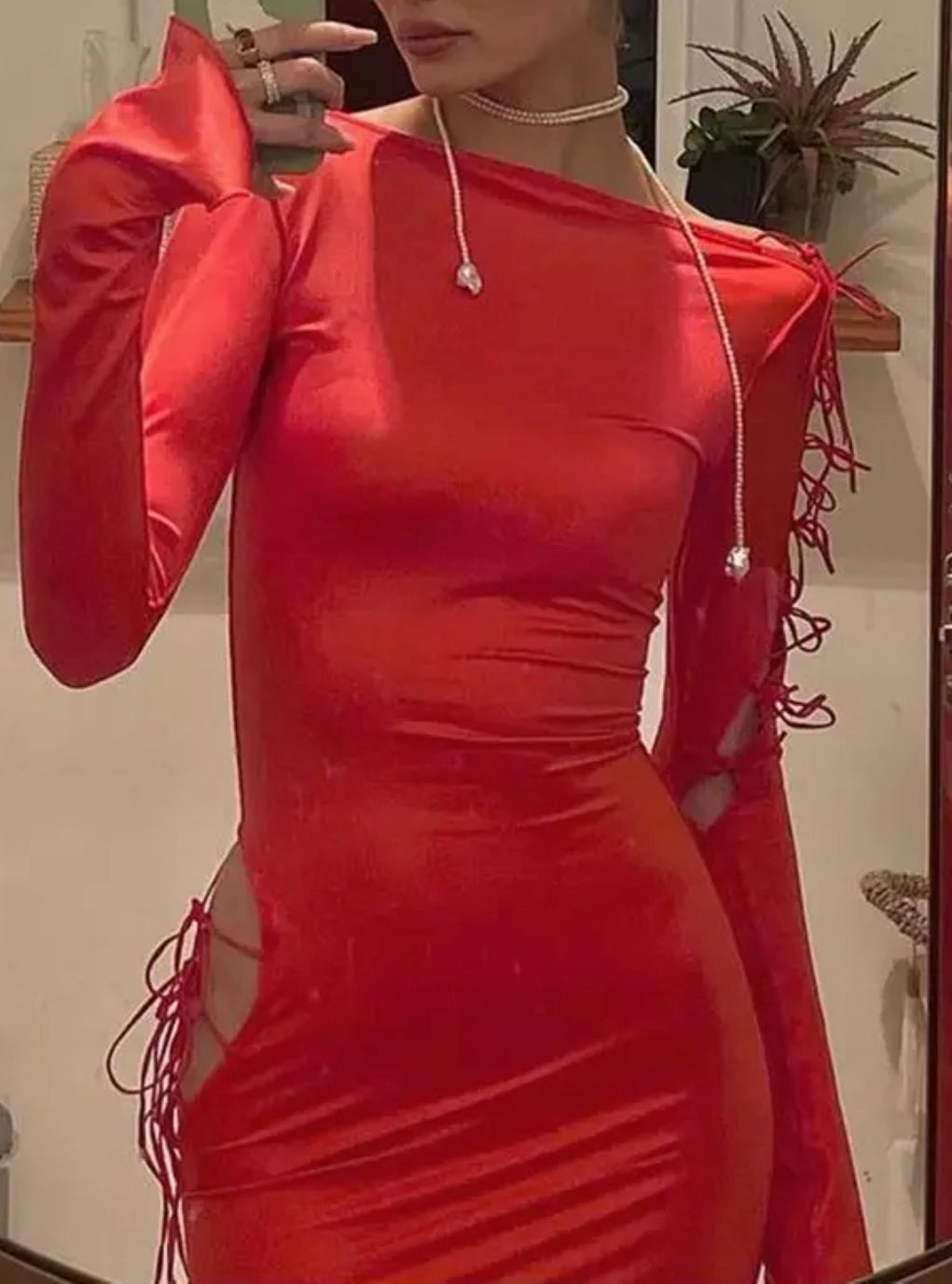 Red Long Sleeve Tied Up Maxi Dress large
