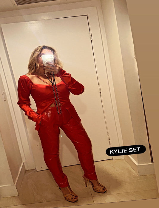 Kylie Red Wet Look Pants Set