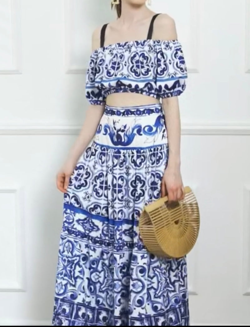 Kyla Blue & White Skirt & Top Set Medium