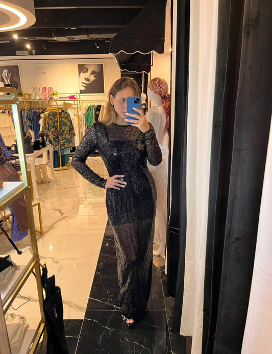 Black Long Sleeve Sheer Dress With Sequins