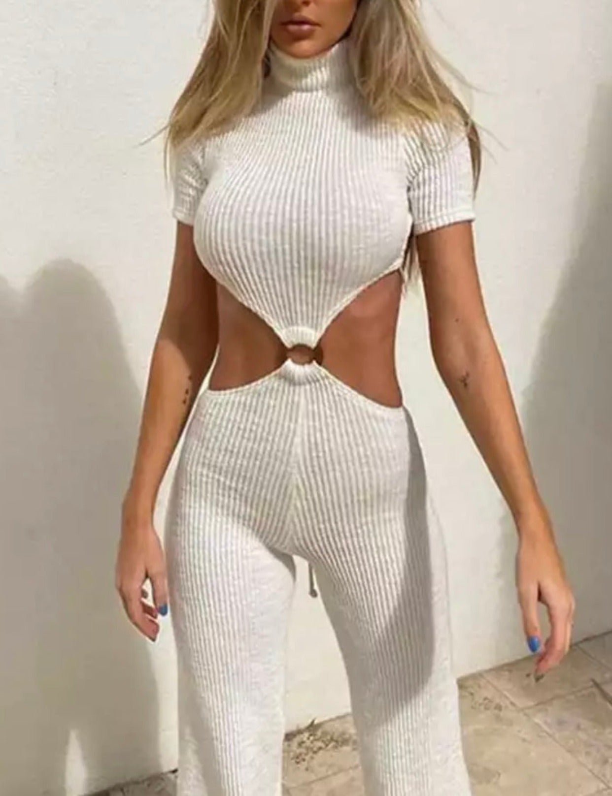 Turtle Neck ribbed JumpSuit white