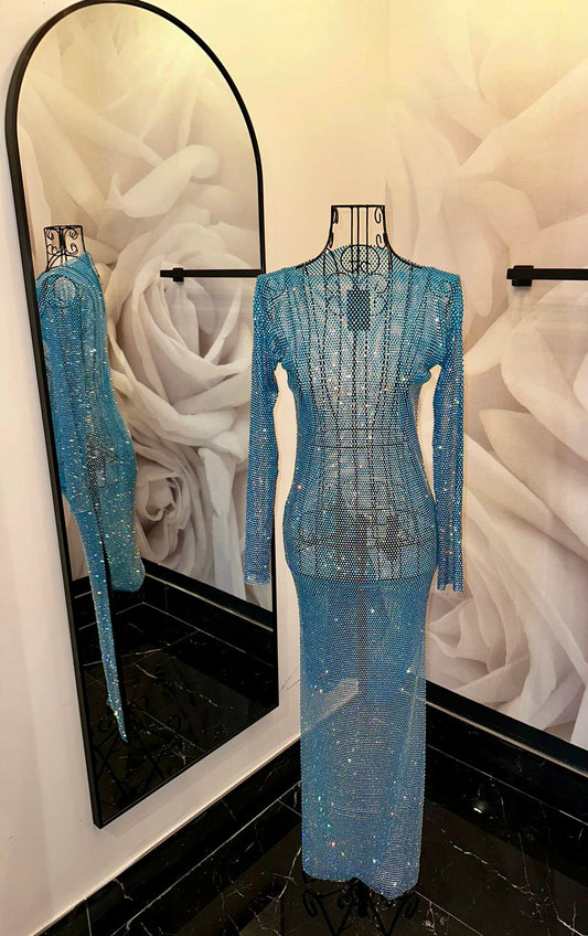 Embellished mesh Aqua dress