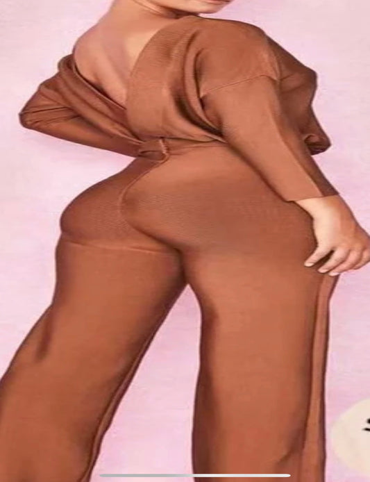 Brown Long Sleeve Backless Jumpsuit brown