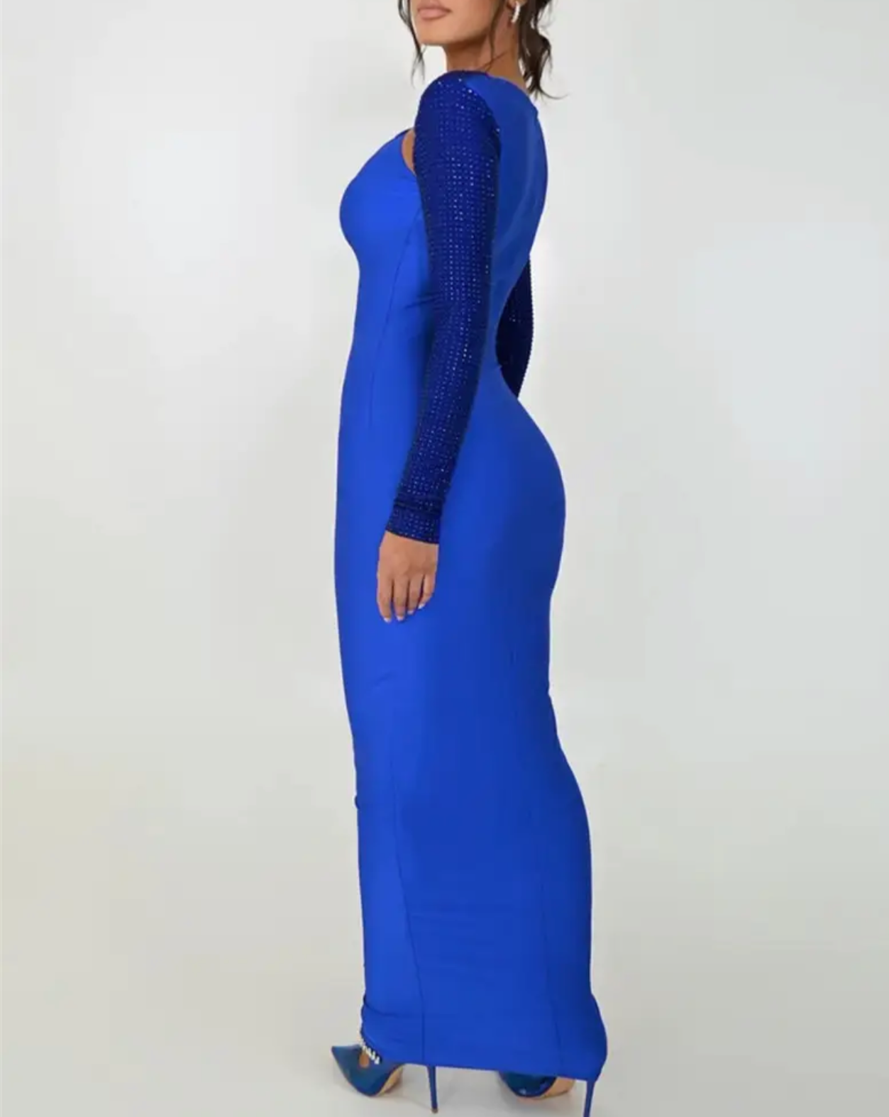 Blue Sapphire Studded Long Sleeve Maxi Dress