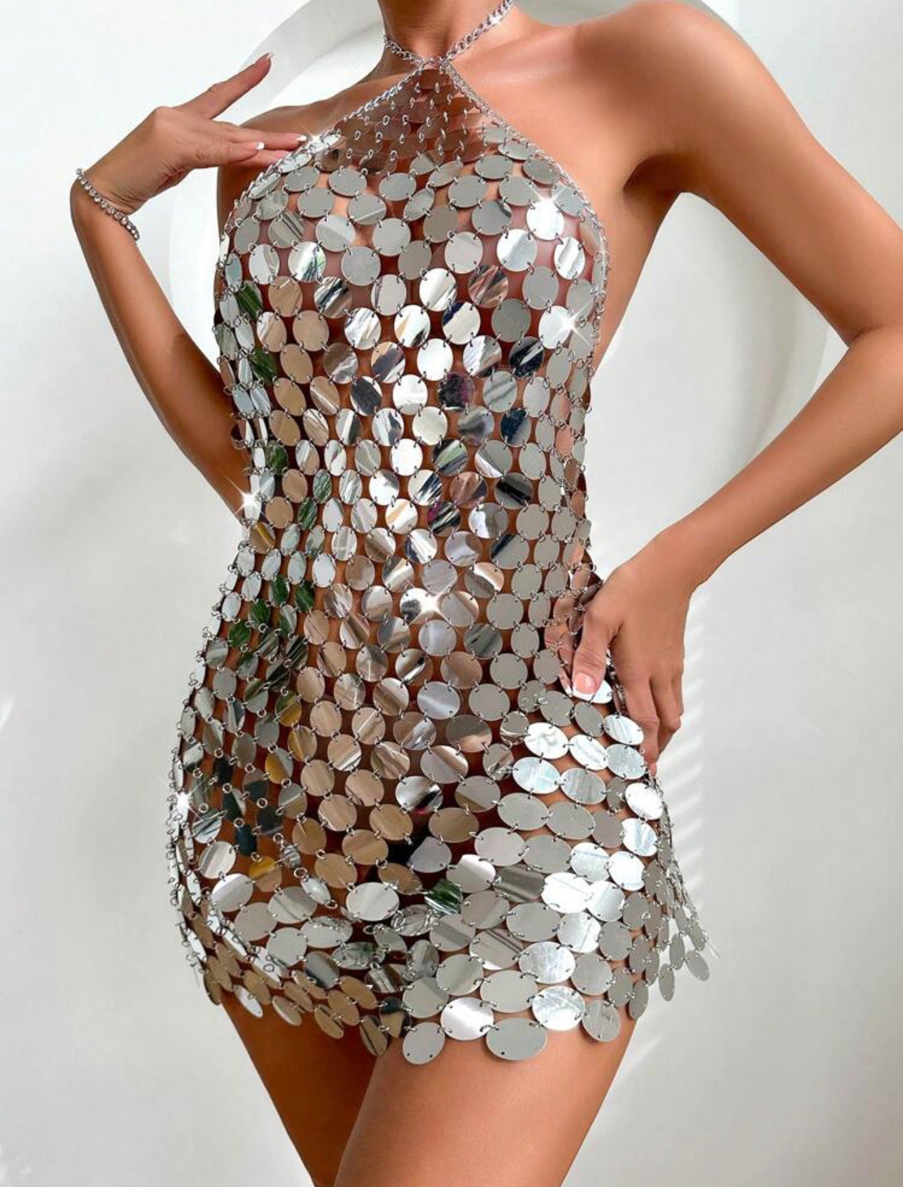Metal halter silver mini backless dress