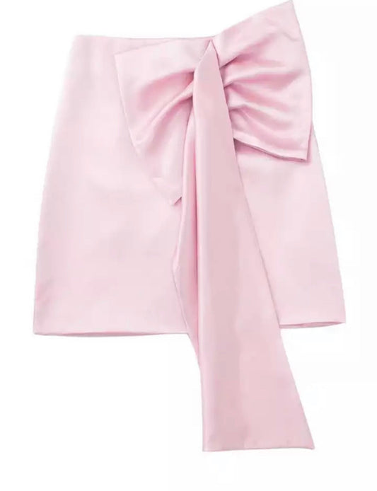 Satin Light Pink Mini Skirt With Bow Detailing
