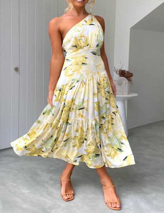 Yellow Floral One Shoulder Dress
