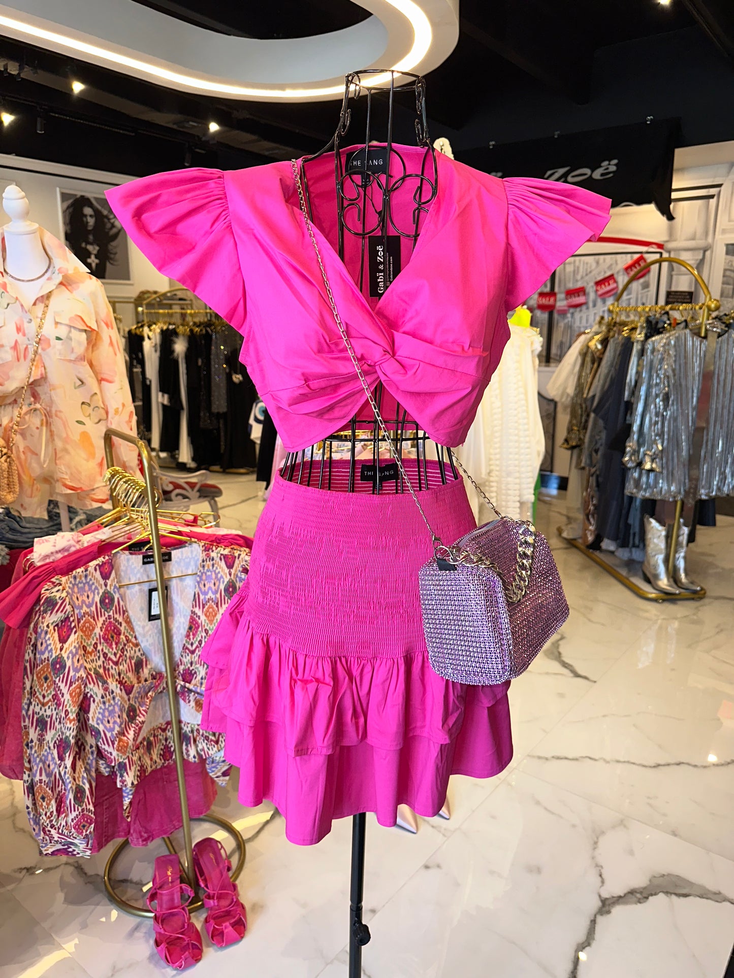 Vibrant Pink Two Piece Frilled Knot Top And Mini Skirt Set