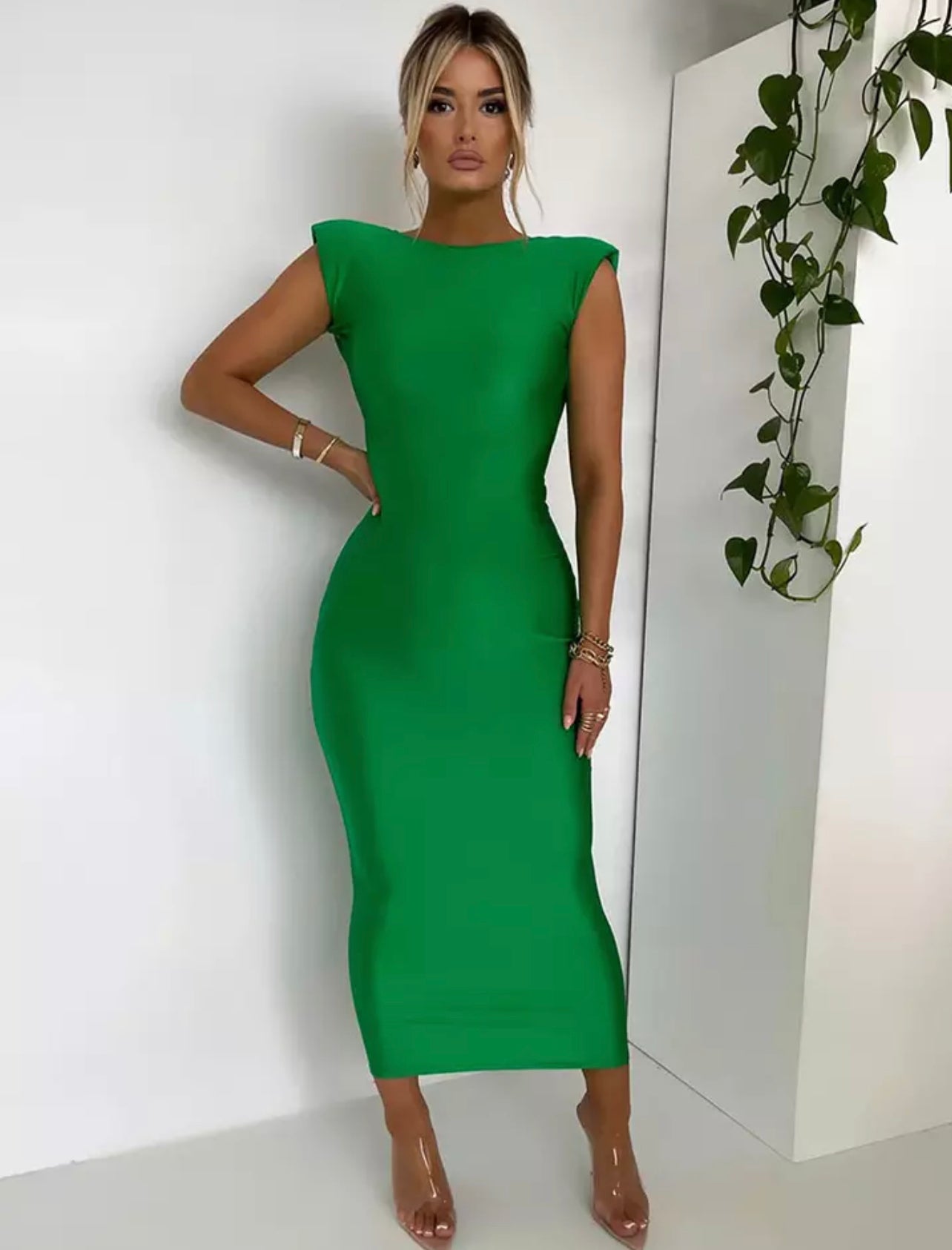 Shiny Spandex Backless Midi Dress green